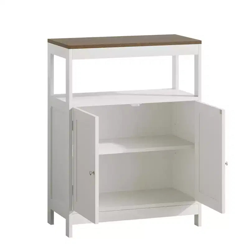 Meuble de rangement moderne avec double portes, organisateur de salle de bain autoportant avec étagère réglable et plateau en bois pour cuisine, entrée, blanc