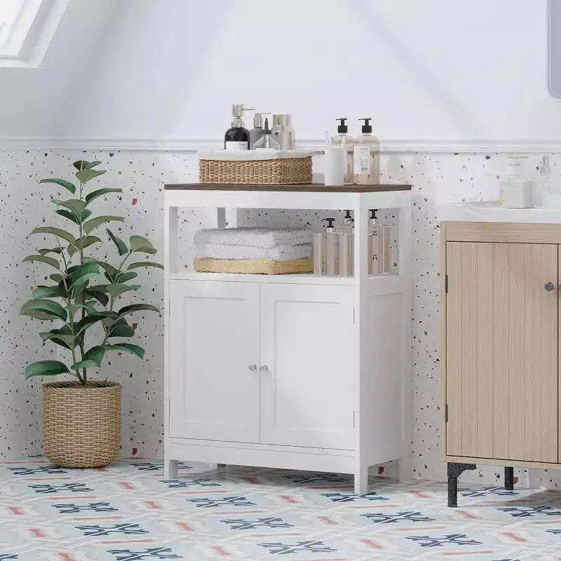 Meuble de rangement moderne avec double portes, organisateur de salle de bain autoportant avec étagère réglable et plateau en bois pour cuisine, entrée, blanc