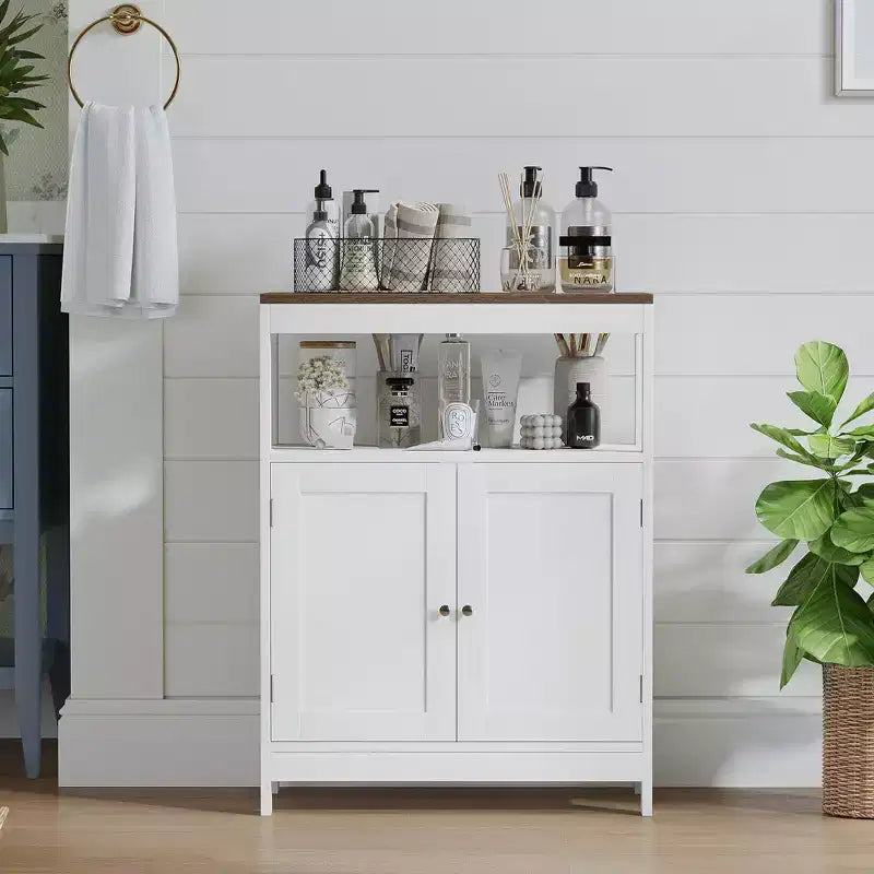 Meuble de rangement moderne avec double portes, organisateur de salle de bain autoportant avec étagère réglable et plateau en bois pour cuisine, entrée, blanc