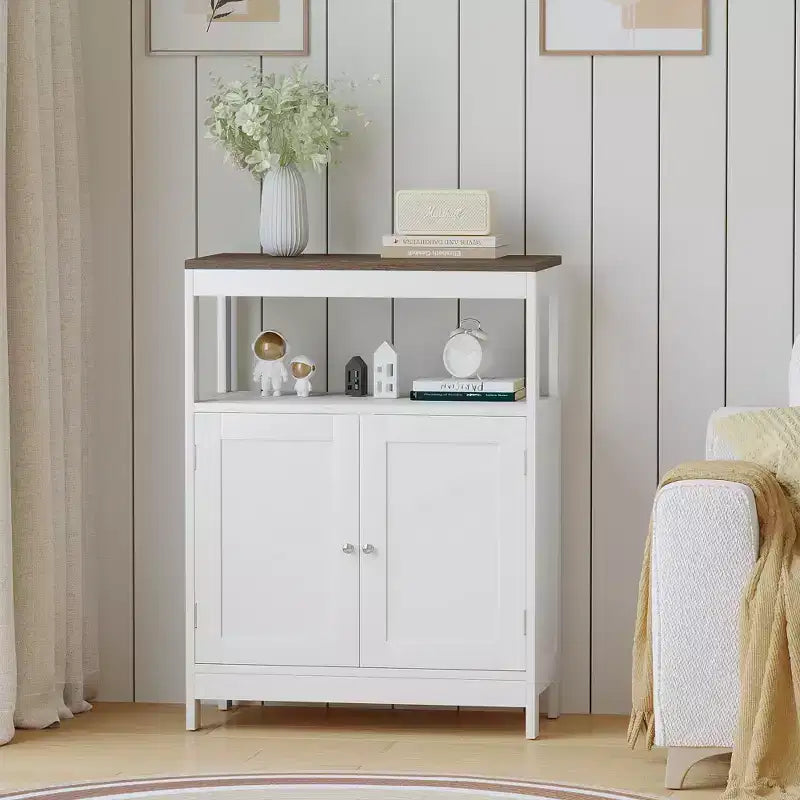 Meuble de rangement moderne avec double portes, organisateur de salle de bain autoportant avec étagère réglable et plateau en bois pour cuisine, entrée, blanc