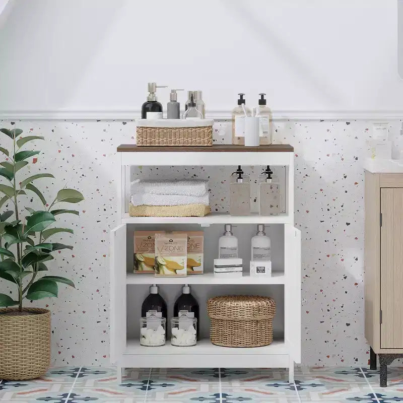 Meuble de rangement moderne avec double portes, organisateur de salle de bain autoportant avec étagère réglable et plateau en bois pour cuisine, entrée, blanc