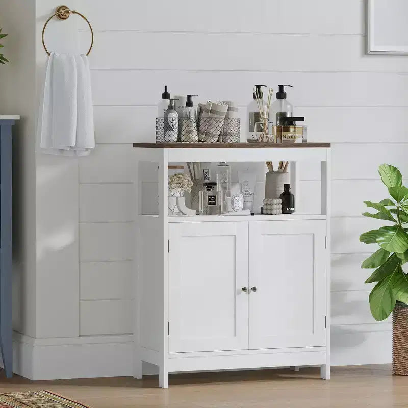 Meuble de rangement moderne avec double portes, organisateur de salle de bain autoportant avec étagère réglable et plateau en bois pour cuisine, entrée, blanc