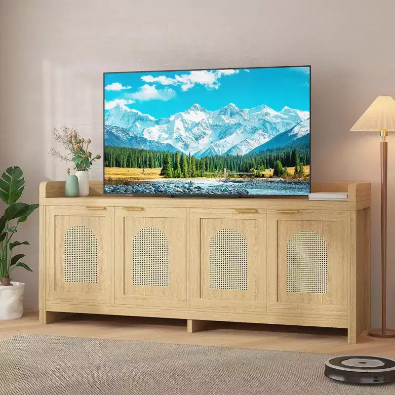 Modern Rattan TV Stand Entertainment Center, Glass Doors, Storage Cabinets, for Living Room, Home