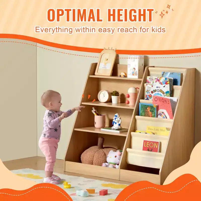 Étagère à livres pour enfants à 4 niveaux et organisateur de jouets avec 6 compartiments en tissu pour salle de jeux, chambre de bébé, maternelle et chambre à coucher