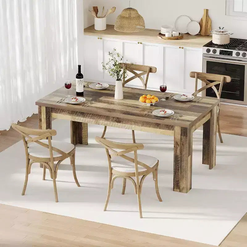 Table de salle à manger rectangulaire rustique pour 4 à 8 personnes, grande table de cuisine et de salle à manger de style ferme de 160/180 cm, pieds triangulaires renforcés, plateau en bois pour appartements