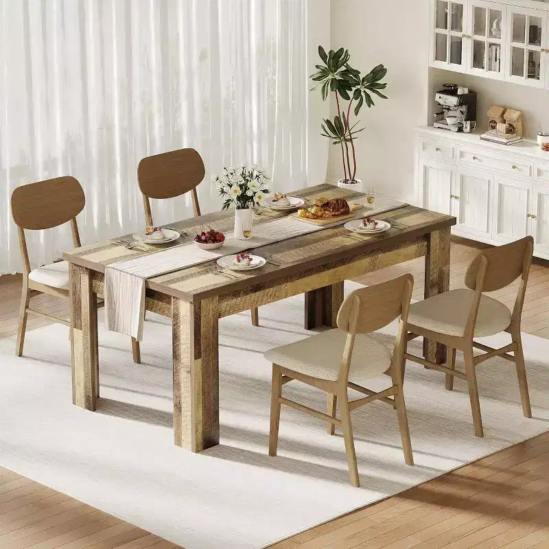 Rustic Rectangular Dining Table for 4-8  63/71 Large Farmhouse Kitchen & Dining Table, Reinforced Triangle Legs, Wooden Tabletop for Apartments