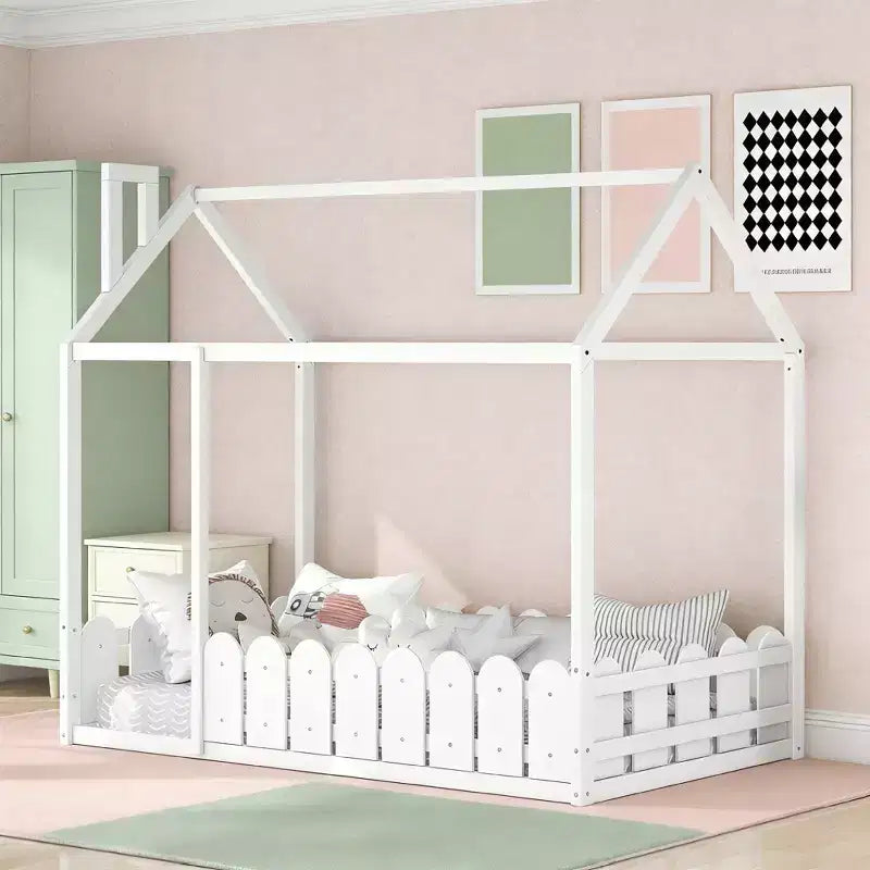 Luxystar Wooden House Bed Frame with Fence for Kids and Teens, White