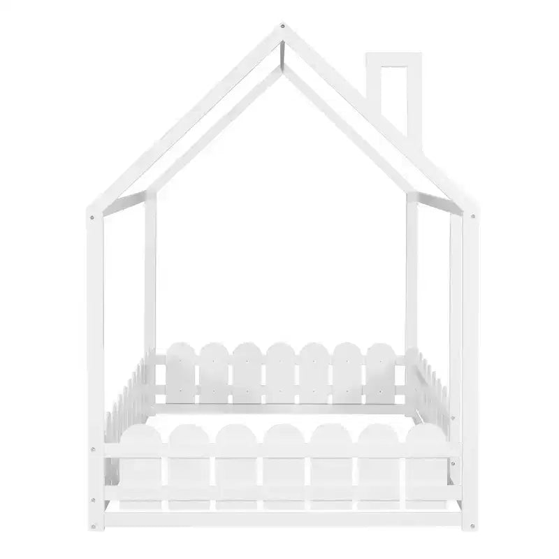 Lit cabane en bois avec barrière de sécurité pour enfants et adolescents, blanc