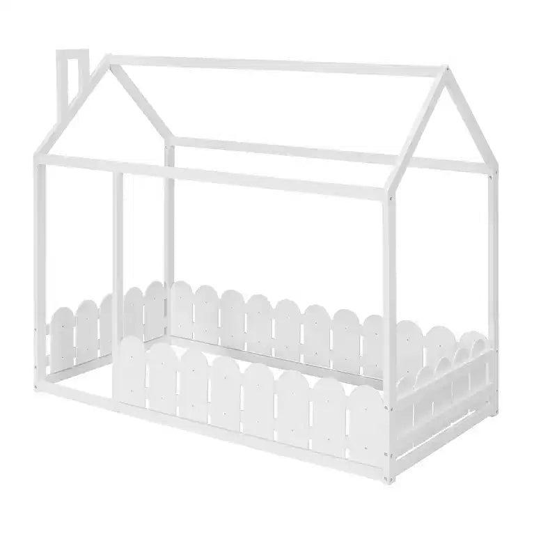 Lit cabane en bois avec barrière de sécurité pour enfants et adolescents, blanc