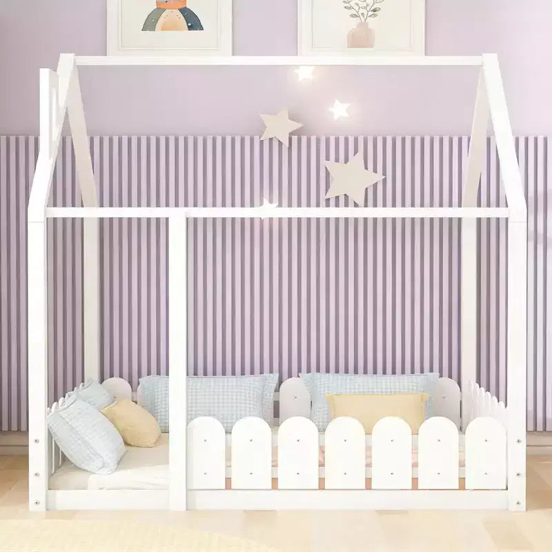 Lit cabane en bois avec barrière de sécurité pour enfants et adolescents, blanc