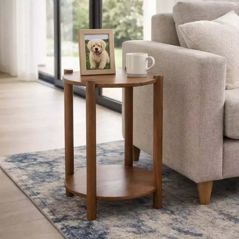 Elegant Round End and Side Table for Small Spaces - Mango Wood Base with Lower Shelf for Bedroom and Living Room Decor - 22, Tan & Brown