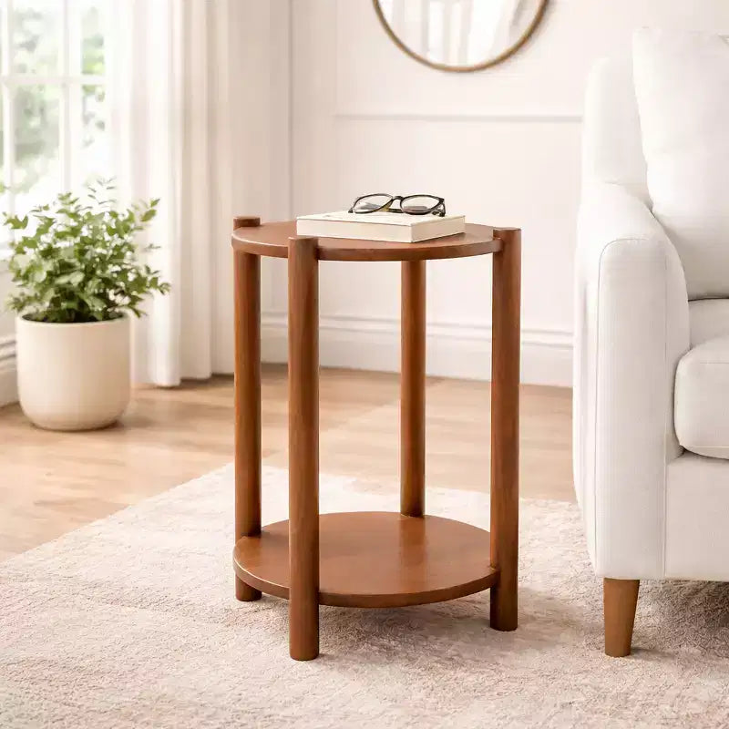 Table d'appoint et de bout ronde élégante pour petits espaces - Base en bois de manguier avec étagère inférieure pour la décoration de chambre et de salon - 22, Beige & Marron