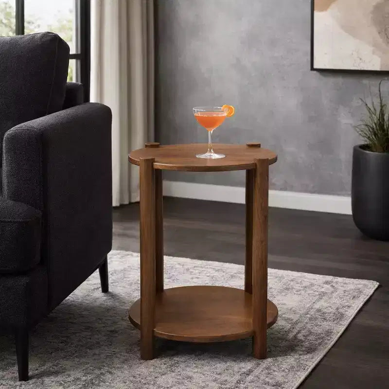 Table d'appoint et de bout ronde élégante pour petits espaces - Base en bois de manguier avec étagère inférieure pour la décoration de chambre et de salon - 22, Beige & Marron