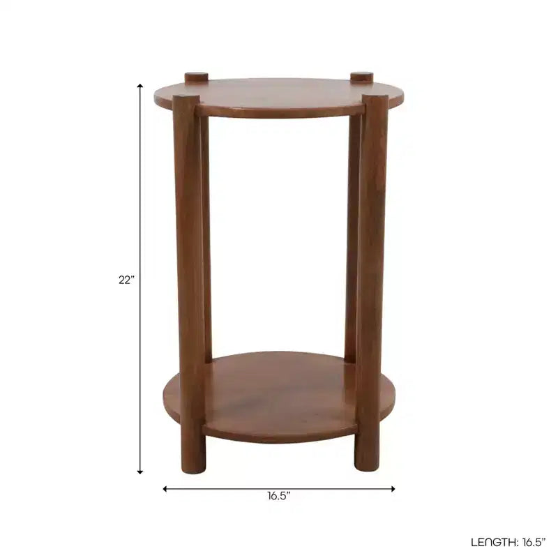 Table d'appoint et de bout ronde élégante pour petits espaces - Base en bois de manguier avec étagère inférieure pour la décoration de chambre et de salon - 22, Beige & Marron