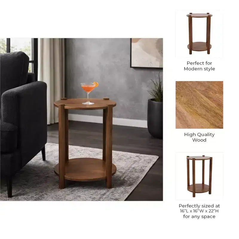 Table d'appoint et de bout ronde élégante pour petits espaces - Base en bois de manguier avec étagère inférieure pour la décoration de chambre et de salon - 22, Beige & Marron