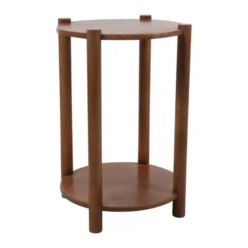 Table d'appoint et de bout ronde élégante pour petits espaces - Base en bois de manguier avec étagère inférieure pour la décoration de chambre et de salon - 22, Beige & Marron