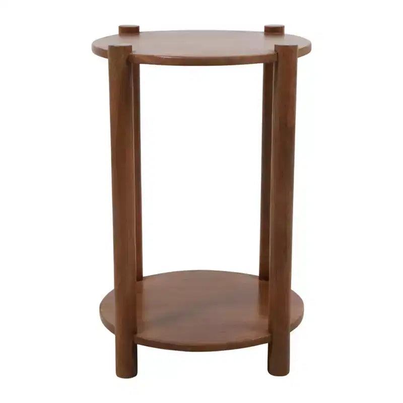 Table d'appoint et de bout ronde élégante pour petits espaces - Base en bois de manguier avec étagère inférieure pour la décoration de chambre et de salon - 22, Beige & Marron