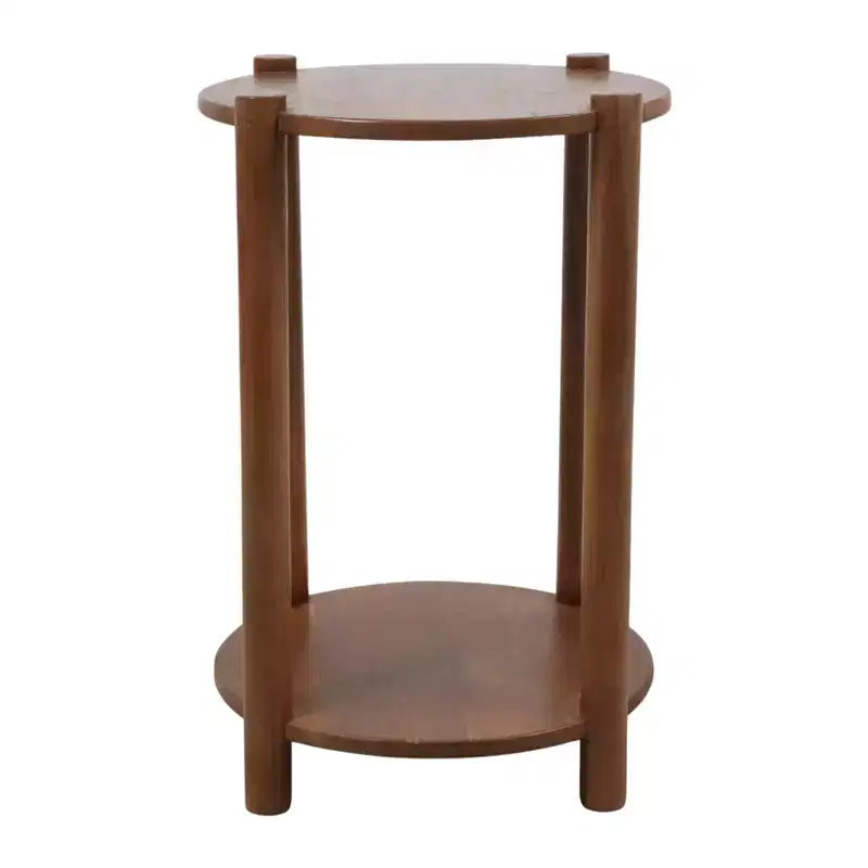 Table d'appoint et de bout ronde élégante pour petits espaces - Base en bois de manguier avec étagère inférieure pour la décoration de chambre et de salon - 22, Beige & Marron