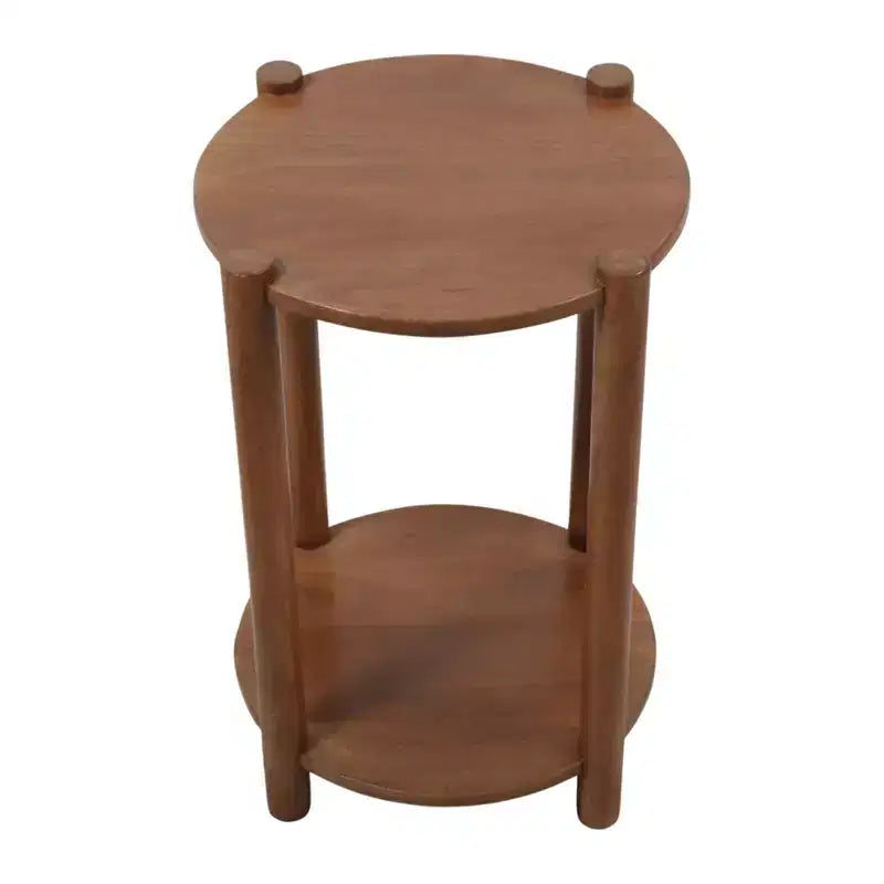 Table d'appoint et de bout ronde élégante pour petits espaces - Base en bois de manguier avec étagère inférieure pour la décoration de chambre et de salon - 22, Beige & Marron