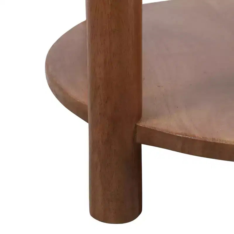 Table d'appoint et de bout ronde élégante pour petits espaces - Base en bois de manguier avec étagère inférieure pour la décoration de chambre et de salon - 22, Beige & Marron