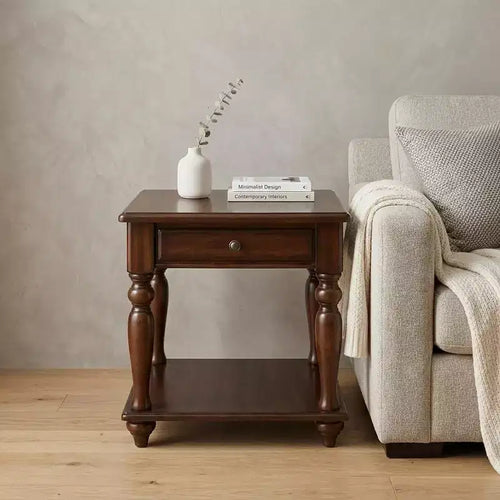 Table d'appoint rectangulaire en bois manufacturé de 24 po couleur noyer avec tiroir et tablette
