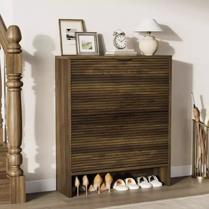 Meuble de rangement pour chaussures cannelé pour entrée avec 2 tiroirs basculants, meuble à chaussures autoportant dissimulé de 81 cm de large pour couloir, appartement