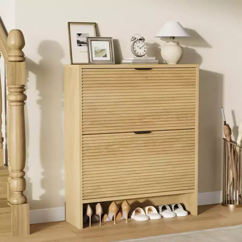 Meuble de rangement pour chaussures cannelé pour entrée avec 2 tiroirs basculants, meuble à chaussures autoportant dissimulé de 81 cm de large pour couloir, appartement
