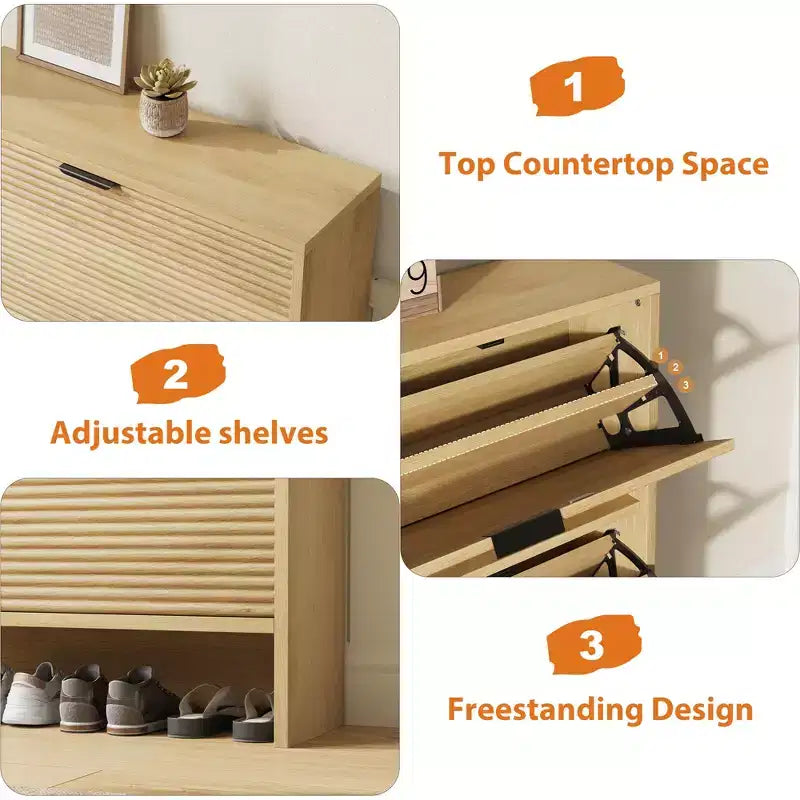 Meuble de rangement pour chaussures cannelé pour entrée avec 2 tiroirs basculants, meuble à chaussures autoportant dissimulé de 81 cm de large pour couloir, appartement
