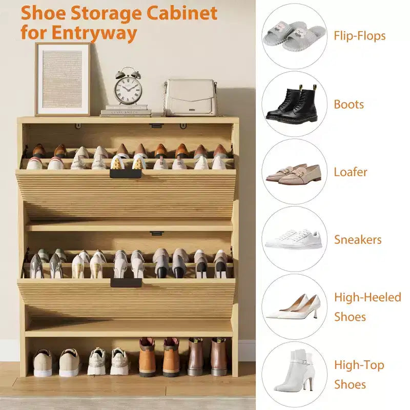 Meuble de rangement pour chaussures cannelé pour entrée avec 2 tiroirs basculants, meuble à chaussures autoportant dissimulé de 81 cm de large pour couloir, appartement