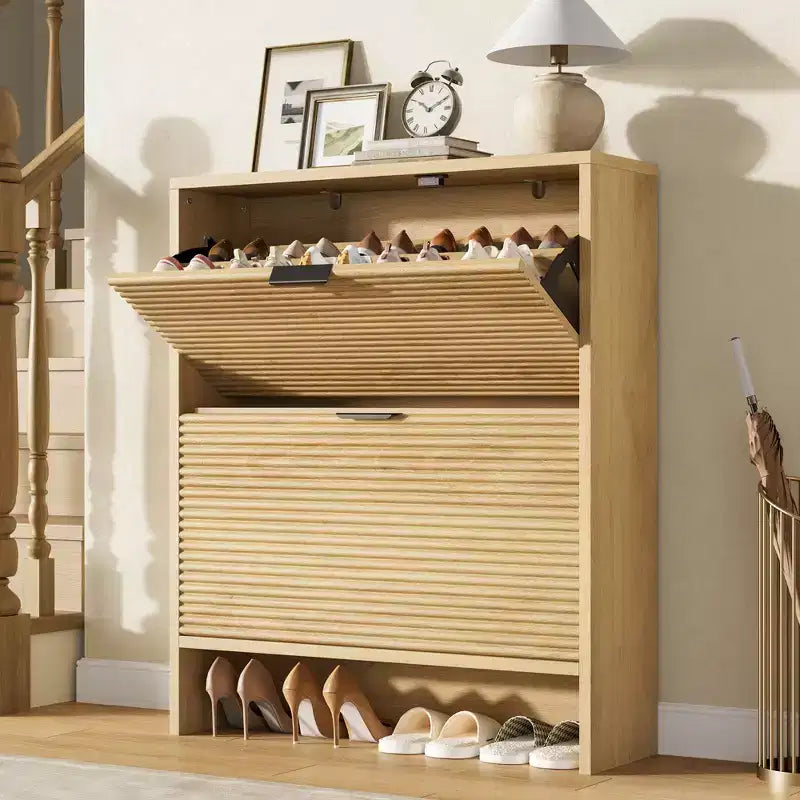 Fluted Shoe Storage Cabinet for Entryway with 2 Flip Drawers, 32 Wide Hidden Freestanding Shoe Rack Organizer for Hallway, Apartment