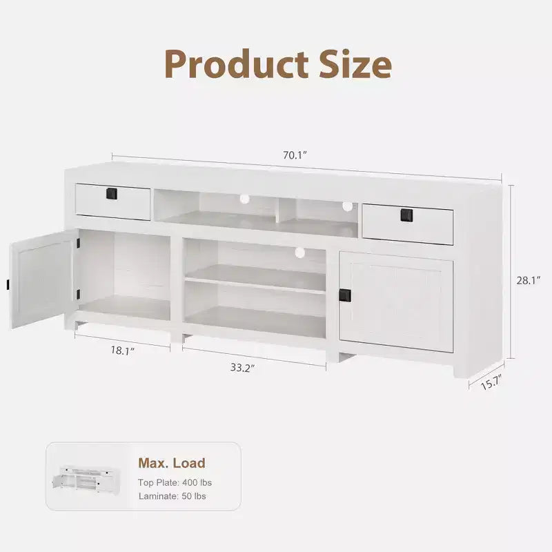 Meuble TV de ferme pour téléviseurs de 75/80 pouces, meuble de divertissement avec tiroirs de rangement et étagère ouverte, meuble console TV pour salon, chambre à coucher