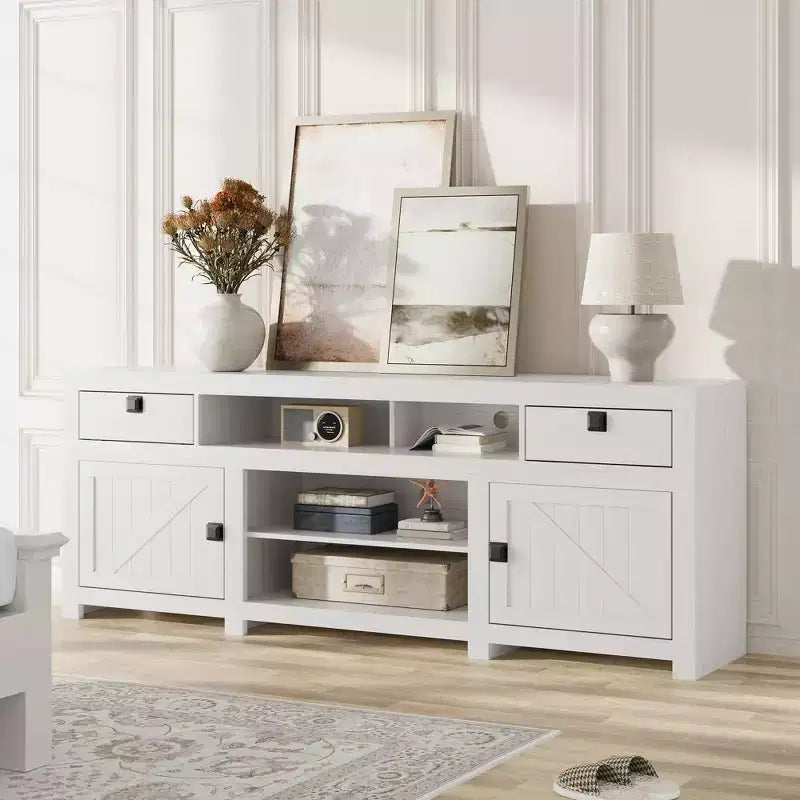 Meuble TV de ferme pour téléviseurs de 75/80 pouces, meuble de divertissement avec tiroirs de rangement et étagère ouverte, meuble console TV pour salon, chambre à coucher