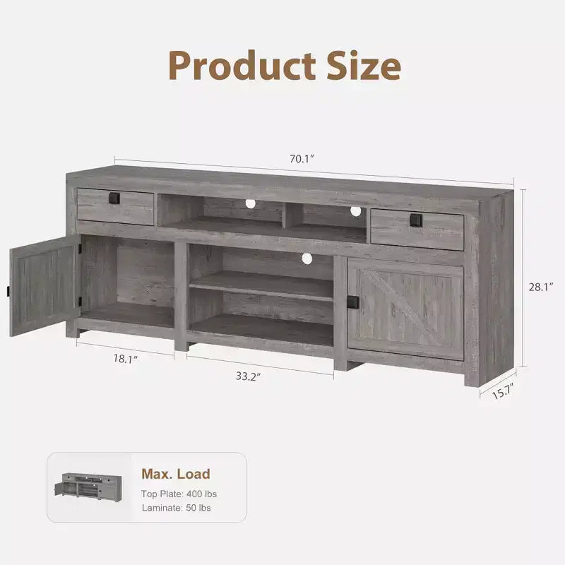 Meuble TV de ferme pour téléviseurs de 75/80 pouces, meuble de divertissement avec tiroirs de rangement et étagère ouverte, meuble console TV pour salon, chambre à coucher