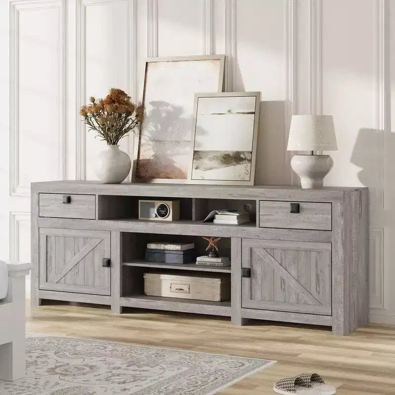 Meuble TV de ferme pour téléviseurs de 75/80 pouces, meuble de divertissement avec tiroirs de rangement et étagère ouverte, meuble console TV pour salon, chambre à coucher