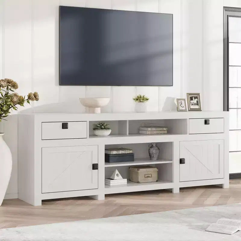 Meuble TV de ferme pour téléviseurs de 75/80 pouces, meuble de divertissement avec tiroirs de rangement et étagère ouverte, meuble console TV pour salon, chambre à coucher
