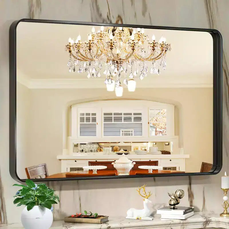55x30 Inch Black Metal Frame Bathroom Wall Mirror, Decorative Rectangular, Wall Mounted, Corner Hangs, Home Decor for Multi-Scenes