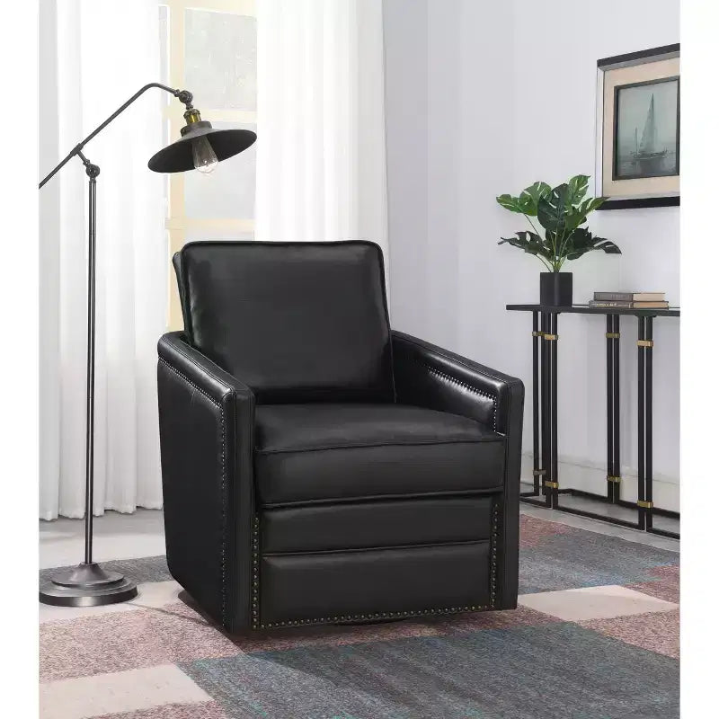 Chaise 30" en cuir noir : pivotante, coussins amovibles, simili cuir, cadre en bois, style contemporain