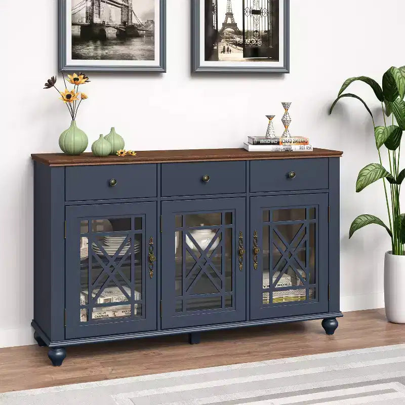 Buffet console avec rangement de style vintage 55 po et tiroirs bleu marine