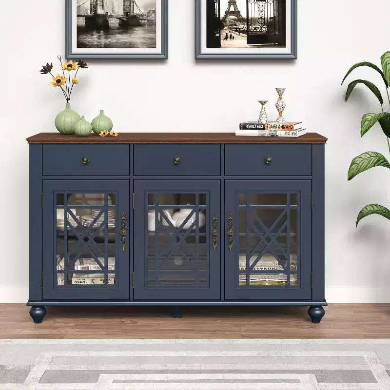 Buffet console avec rangement de style vintage 55 po et tiroirs bleu marine