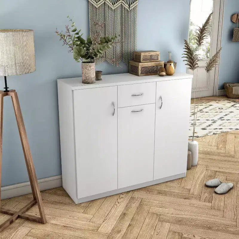 Meuble à chaussures moderne blanc 1 tiroir avec 11 étagères : Peut contenir jusqu'à 30 paires, placage de bois MDF, rangement réglable