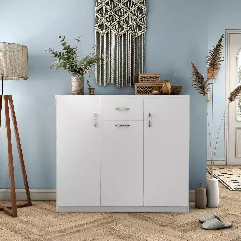Meuble à chaussures moderne blanc 1 tiroir avec 11 étagères : Peut contenir jusqu'à 30 paires, placage de bois MDF, rangement réglable