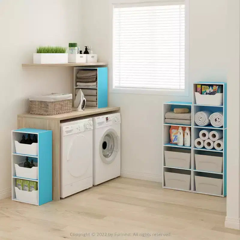 Furinno 3-Tier Decorative Bookshelf Reversible 3 Cube Open Shelf Bookcase for Living Room&Home Office,Light Blue/White