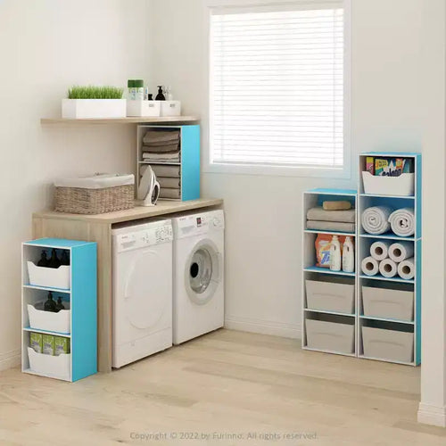 Furinno 3-Tier Decorative Bookshelf Reversible 3 Cube Open Shelf Bookcase for Living Room&Home Office,Light Blue/White